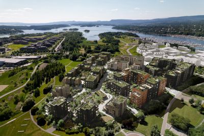 3D-visualisering av et nytt boligfelt med omgivende natur og vann.