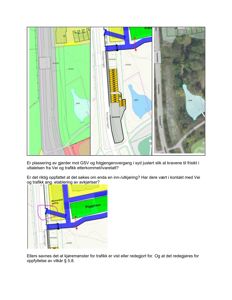 Bildet viser en situasjonsplan med fargekodet arealbruk (grønt, gult, blått) og en oversikt over veier og parkeringsplasser. Det er også inkludert en satellittbildeoversikt og en detaljert innkjøringsplan.
