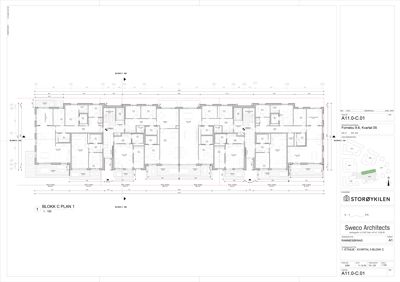 Etasjeplan (1. etasje) for BLOKK C i et boligprosjekt, som viser romfordeling, vegger og dimensjoner.