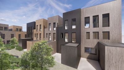 3D-visualisering av en moderne boligbebyggelse med trepanel og glassfasader, sett fra et lavt vinkel med omgivelser.