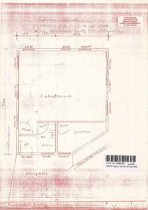Etasjeplan for et laboratorium med angitte rom (laboratorium, spisestue, dusj, WC, VF) og mål på vegger og rom.