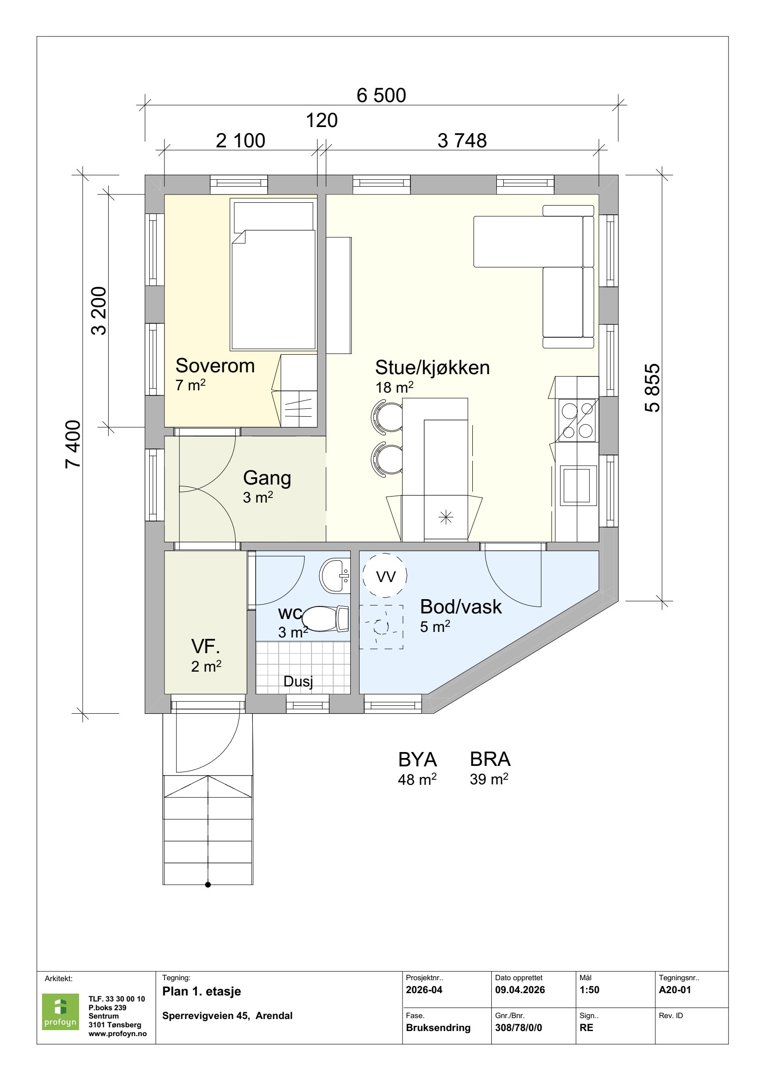 Etasjeplan (Plan 1. etasje) som viser romfordeling, mål og areal for et hus.