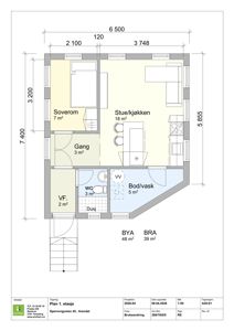 Etasjeplan (Plan 1. etasje) som viser romfordeling, mål og areal for et hus.