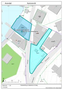 Kartutsnitt (situasjonsplan) som viser eiendomsgrenser, naboeiendommer og infrastruktur i Arendal.
