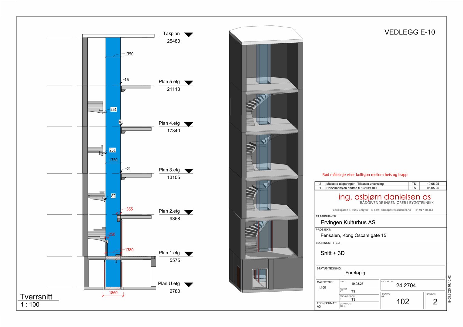 Tverrsnitttegning av en bygning som viser etasjehøyder, takhøyde og innvendig trapp.