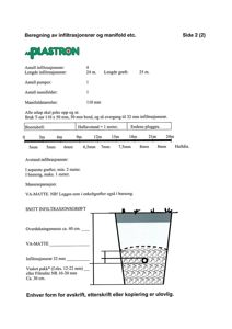 Teknisk beregning og snittegning for infiltrasjonsrør og manifold i en byggesak.