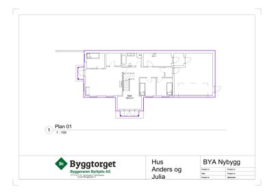 Etasjeplan (Plan 01) som viser romfordeling, dører, trapp og areal for et hus.