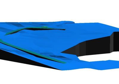 Situasjonsplan som viser terrengformingen (blått) og en bygning eller struktur (svart) sett fra et vinklet perspektiv.