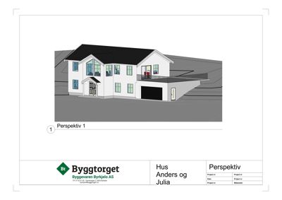 3D-visualisering (perspektiv) av en planlagt bolig med garasje og terrasse.
