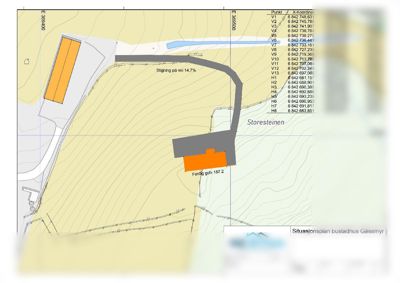 Situasjonsplan for bustadhus Gåsemyr som viser tomtens form, topografi (konturlinjer), bygningers plassering og tilknytning til vei.
