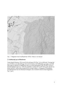 Et skuggekart (topografisk kart) som viser terrengform, høyder og en markert tomt med pil.