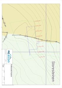 Kart over et område med høydeforhold (konturlinjer) og koordinater. Tittelen 'Profiloversikt Hustomt' indikerer at det er et kart over tomten.