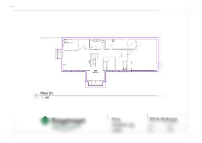 Etasjeplan (Plan 01) som viser romfordeling, dører, trapp og areal for et hus.