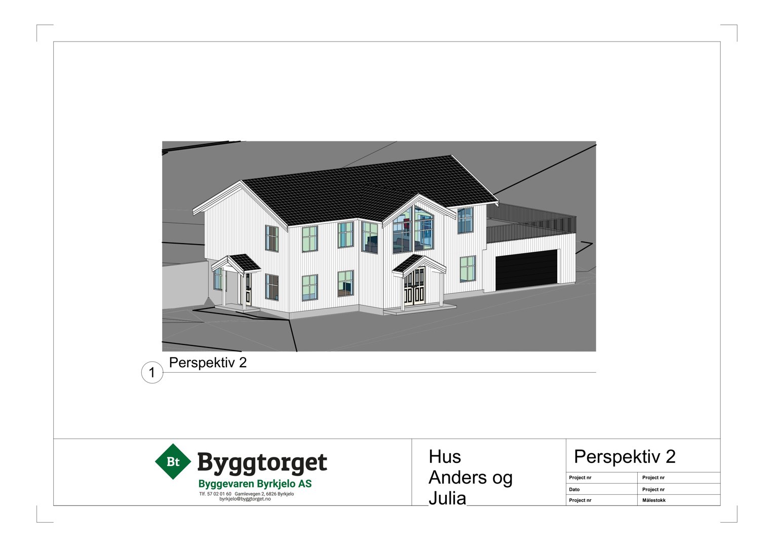 3D-visualisering (perspektivtegning) av et hus med garasje og terrasse.