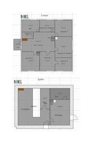 Plantegning som viser romfordeling og arealer for 2. etasje og kjeller i en bygning.