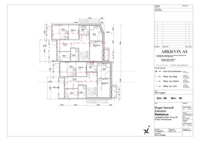 Etasjeplan (A22-101) som viser romfordeling, mål og funksjon for et hus.