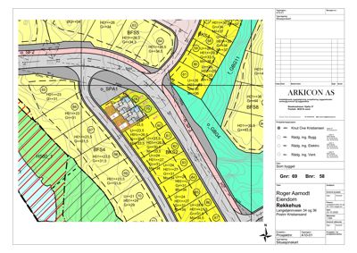 Situasjonskart som viser tomtens beliggenhet, naboeiendommer, høydemålinger og bygningens plassering i forhold til veier og terreng.