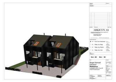 3D-visualisering (rendering) av et tomtaskehus med fasade, tak og omgivelser.