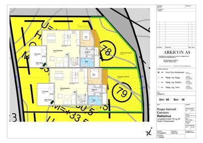 Situasjonsplan som viser tomtene 78 og 79 med plassering av bygningene (Rekkehuse), terrasser, og områder for fremtidig utvidelse.
