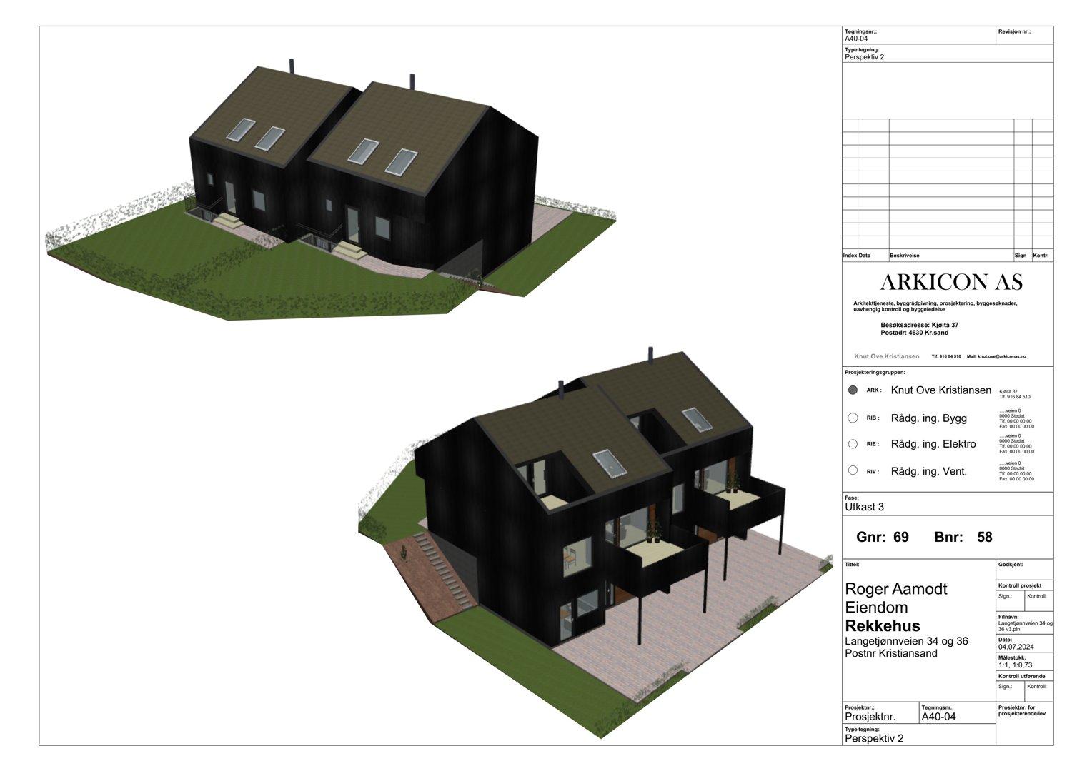 3D-visualisering av et tomt hus med fasade og omgivelser