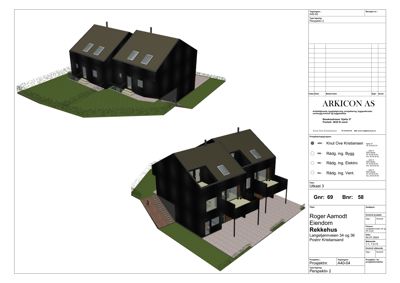 3D-visualisering av et tomt hus med fasade og omgivelser