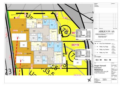 Etasjeplaner for to boliger (nr. 34 og 36) med romfordeling, mål og BRA-oppsett.