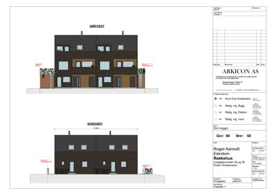 Fasadetegning som viser bygningens utseende fra to vinkler: SØR/VEST og NORD/ØST.