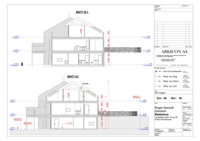 Snittegning (Snitt A1 og Snitt B-1) som viser bygningens tverrsnitt, høyder, etasjer og konstruksjon.