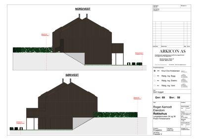 Fasadetegning som viser bygningens utseende fra nord/vest og sør/vest.