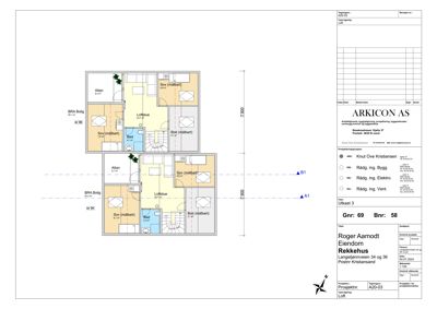 Etasjeplan for et fleretasjes hus som viser romfordeling, arealer og plassering av trapper.