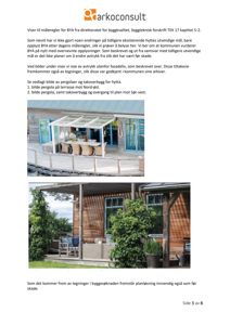 Fotografier av en pergola og takoverbygg på en hytte, inkludert tekst som forklarer bildenes kontekst i en byggesak.