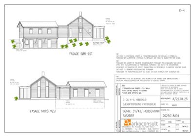 Fasadetegning som viser bygningens utseende sett fra sørøst og nordvest.