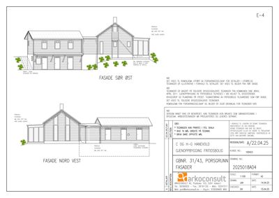 Fasadetegning som viser bygningens utseende sett fra sørøst og nordvest.