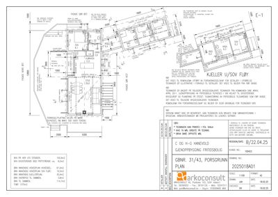Plantegning av kjeller og 1. etasje (U/SØV) for en fritidsbolig, med romfordeling, mål og tekniske opplysninger.