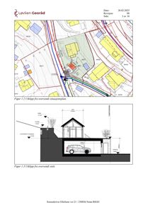 Bildet viser en side fra et arkitektnotat som inneholder to figurer: Figur 1.2 er et utsnitt fra en situasjonsplan (tomteplan), og Figur 1.3 er et utsnitt fra et snitt gjennom bygningen.