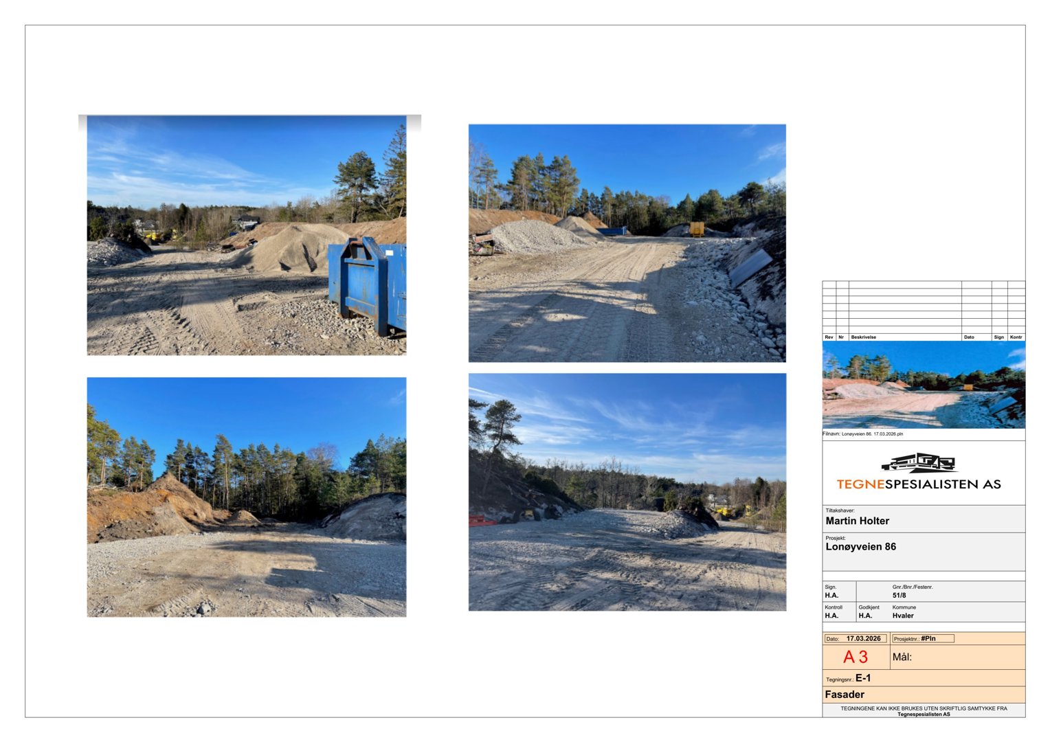 Fotografier av et byggeplassområde med grus, maskiner og skog i bakgrunnen.