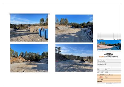 Fotografier av et byggeplassområde med grus, maskiner og skog i bakgrunnen.