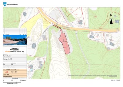 Situasjonsplan som viser tomtens beliggenhet i forhold til nabolag, veier (Loneyveien) og terrengforhold.