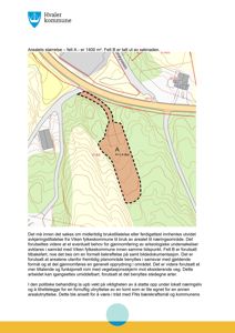 Situasjonsplan som viser et område (felt A) med areal 1400 m², omgitt av topografi og infrastruktur, med tekst om bruk til næringsområde og arkologiske undersøkelser.