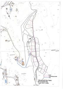 Situasjonsplan (tomtekart) som viser eiendomsinndeling, vegnett, vann og kloakkledninger for et utbyggingsfelt.