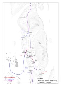 Situasjonsplan som viser anleggsarbeider for kloak, vann og strøm i Gjørøy. Planen viser topografi, eiendomsgrenser og plassering av nye ledninger.