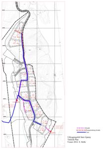 Situasjonsplan som viser tomtedeling, vegnett og vannledningsnett i et utbyggingsfelt.