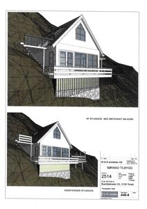 Situasjonsplaner som viser bygningens plassering i terrenget, med to alternativer (eksisterende og ny situasjon med inntrukket balkong).