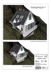 Situasjonsplaner som viser bygningens plassering i terrenget, både eksisterende og ny situasjon med inntrukket balkong.