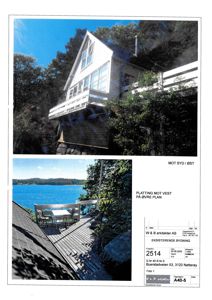 Fotografier av en eksisterende bygning (hus) med utsikt over vann, inkludert etasjeplaner og fasade.