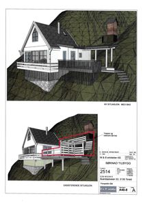 Situasjonsplaner som viser bygningens plassering i terrenget, både eksisterende og ny situasjon med tilbygging.