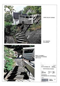 Fotografier av eksisterende trapper, gjerde og sti på en bratt tomt.