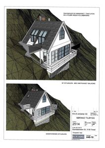 Fotografi av en byggesakssøknad (Tilbygg) som viser to perspektivtegninger (situasjonsplaner) av en hytte i terrenget.