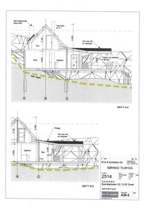 Tegning som viser tverrsnitt gjennom en bygning (Snitt A-A og Snitt B-B) med romfordeling, høyder og konstruksjonsdetaljer.