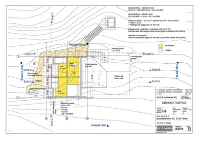 Etasjeplan (overplan) for en nybygget bolig med romfordeling, mål og fasadeindikasjoner.